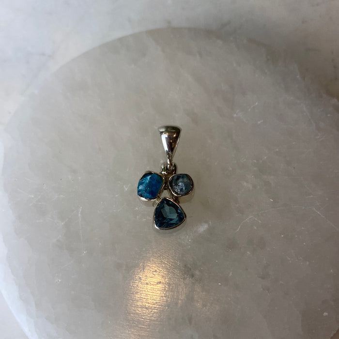 Blue Topaz, Neon Apatite & Aquamarine sterling silver Pendant