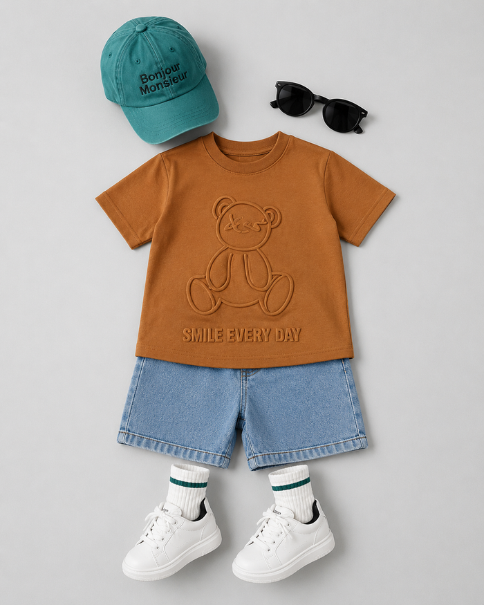 Boys Bear Embossed T-Shirt & Denim Shorts Set – 6 Years | SHEIN Fast Delivery in 5 Days