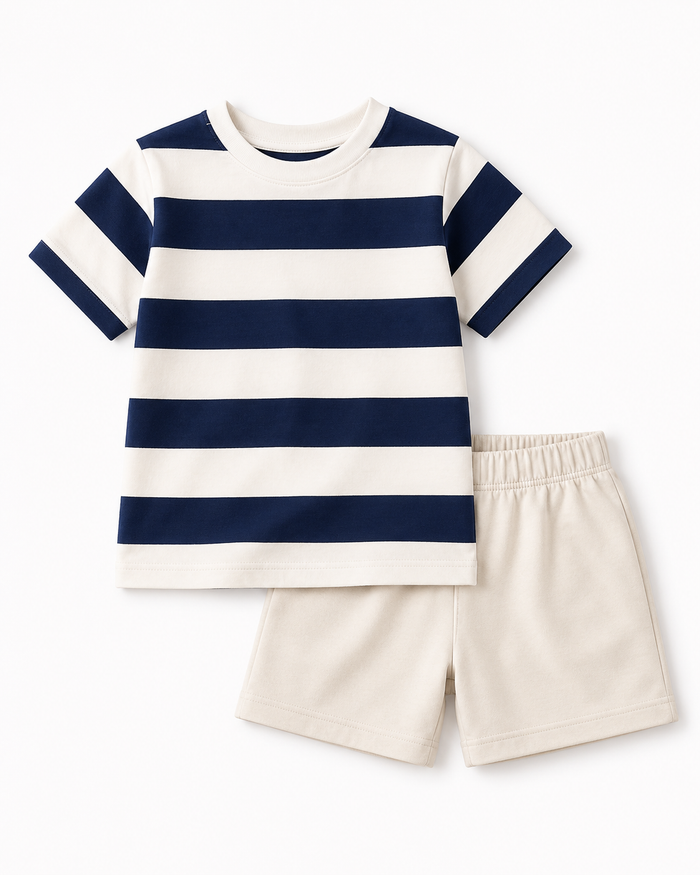 Boys Navy Striped T-Shirt and Beige Shorts Set – SHEIN Fast Delivery in 5 Days
