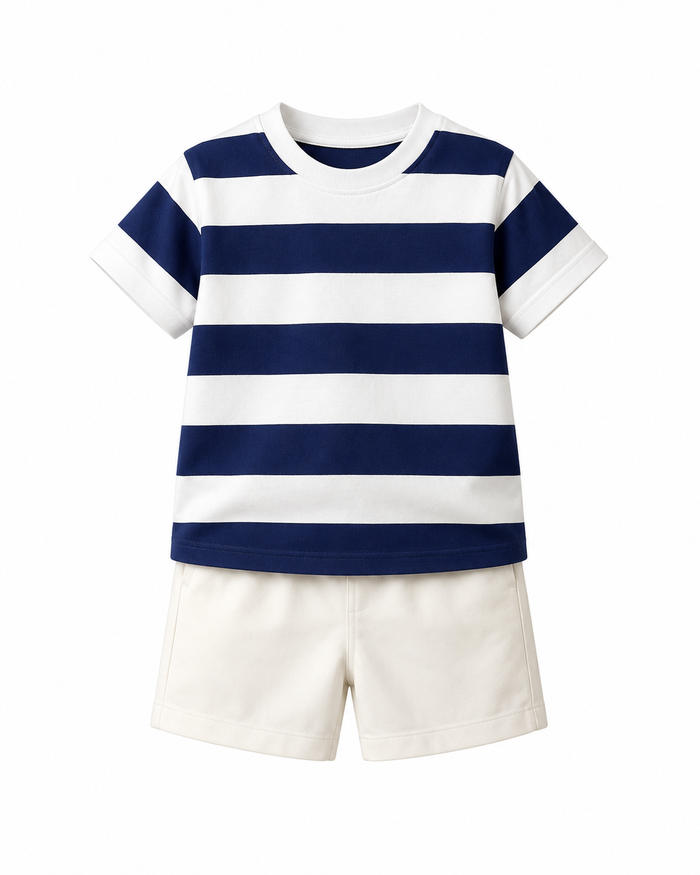 Boys Navy Striped T-Shirt and Beige Shorts Set – SHEIN Fast Delivery in 5 Days