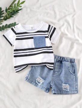 Boys Striped T-Shirt and Ripped Denim Shorts Set – SHEIN Fast Delivery in 5 Days