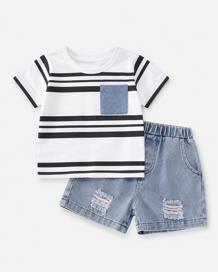 Boys Striped T-Shirt and Ripped Denim Shorts Set – SHEIN Fast Delivery in 5 Days