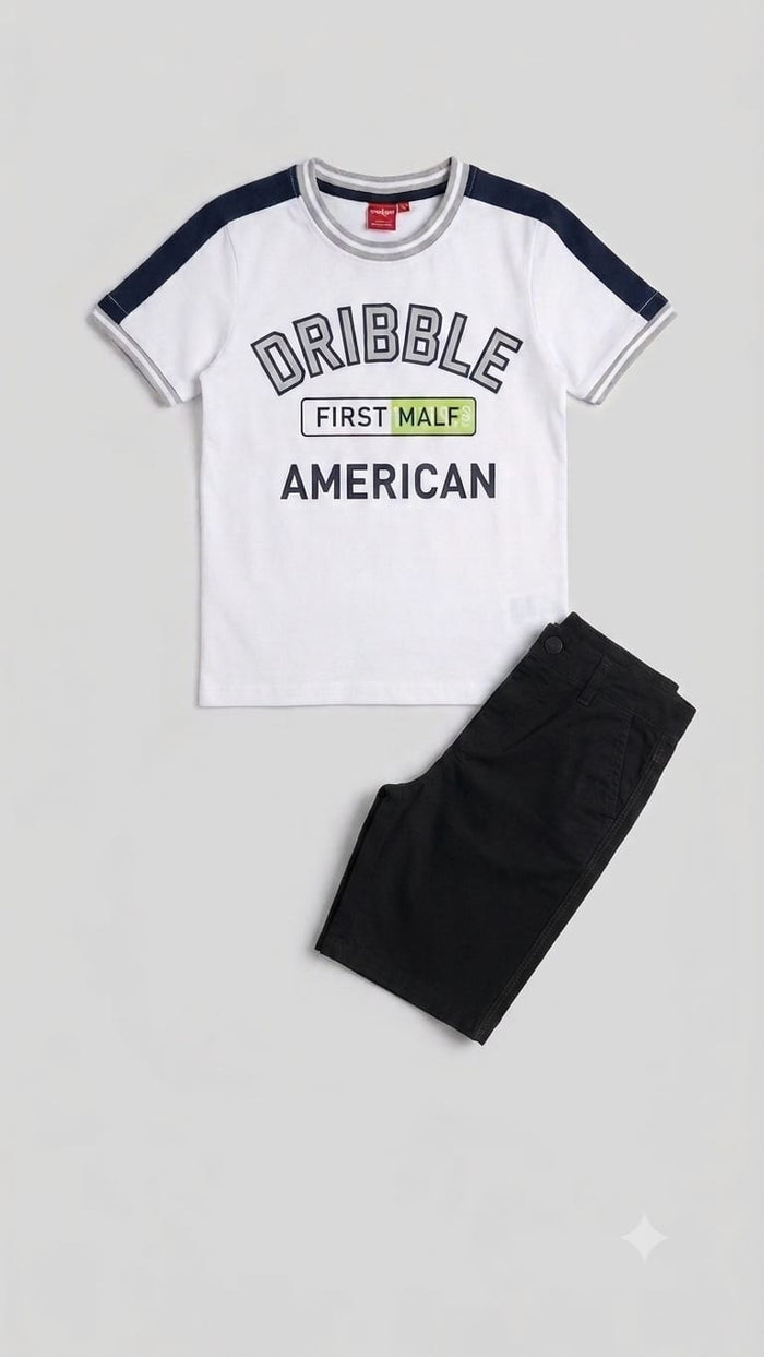 Boys White Graphic T-Shirt & Black Pants Set – 2 Piece Casual Kids Outfit, Fast Delivery in 5 Days