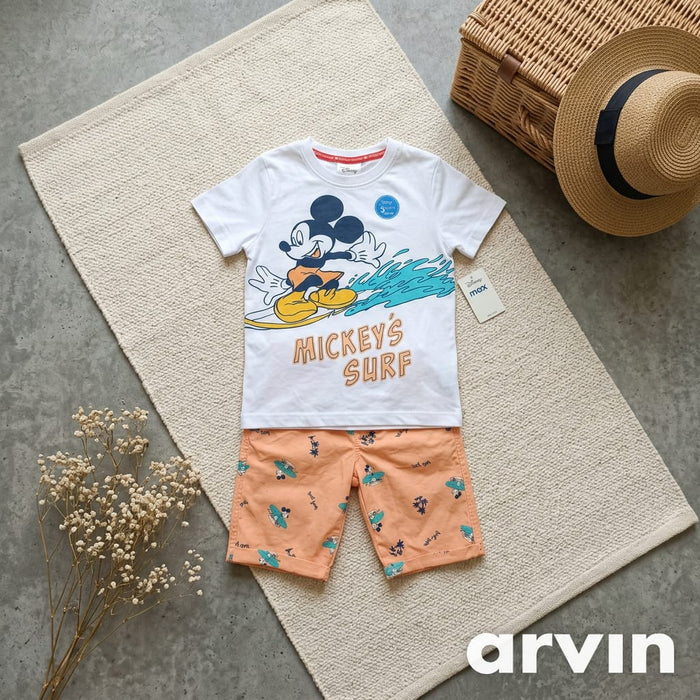 Boys White Mickey Surf T-Shirt & Peach Shorts Set – 2 Piece Casual Kids Outfit, Fast Delivery in 5 Days