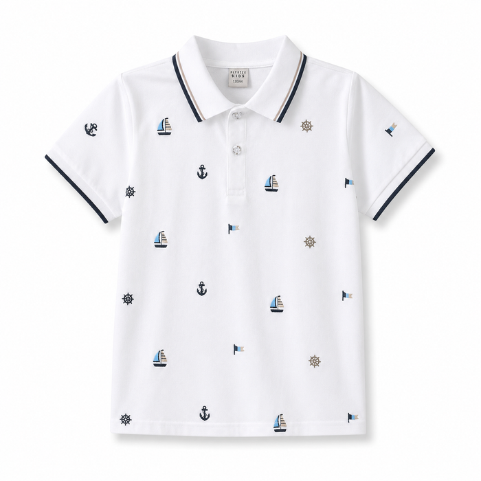 Boys White Polo Shirt – Nautical Print
