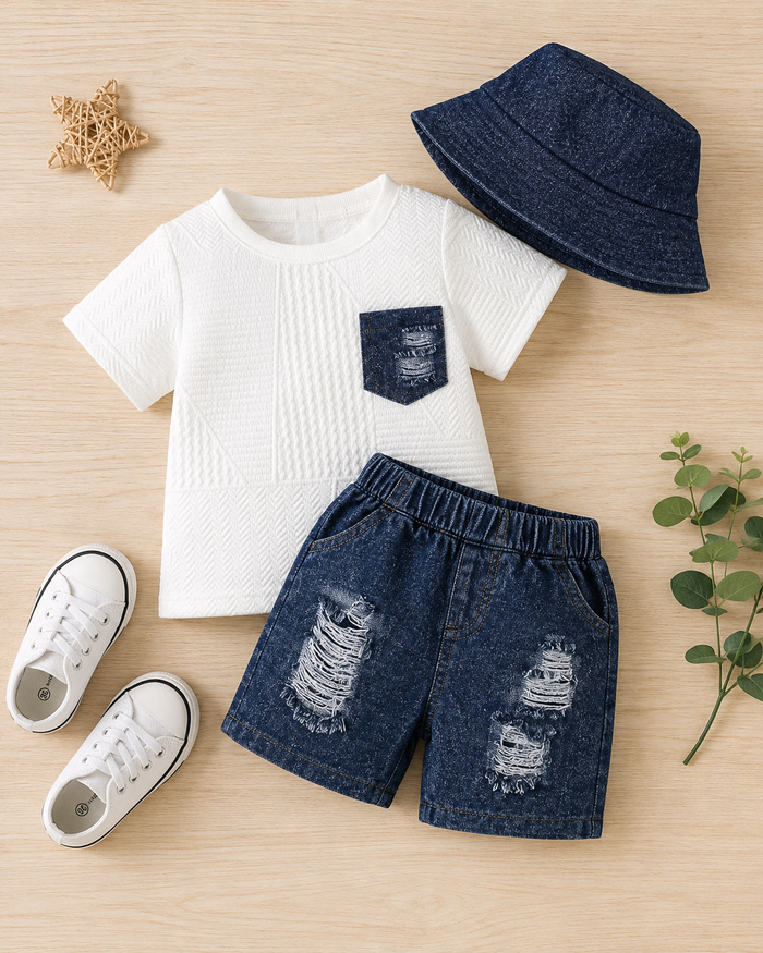 Boys White T-Shirt and Dark Blue Shorts Set with Hat – SHEIN Fast Delivery in 5 Days
