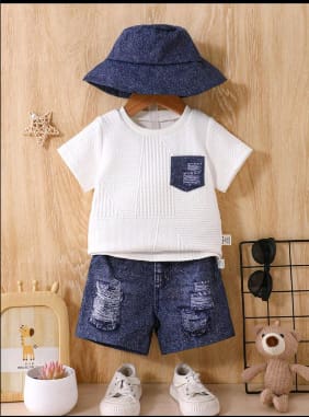 Boys White T-Shirt and Dark Blue Shorts Set with Hat – SHEIN Fast Delivery in 5 Days