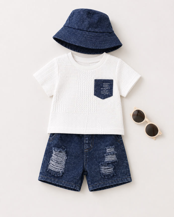Boys White T-Shirt and Dark Blue Shorts Set with Hat – SHEIN Fast Delivery in 5 Days