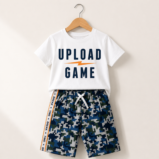 Boys White Upload Game T-Shirt & Camo Shorts Set – 2 Piece Casual Kids Outfit, Fast Delivery in 5 Days