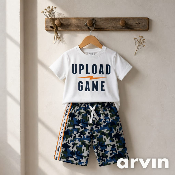 Boys White Upload Game T-Shirt & Camo Shorts Set – 2 Piece Casual Kids Outfit, Fast Delivery in 5 Days