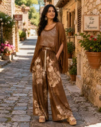 Brown Cotton Mesh Poncho Top