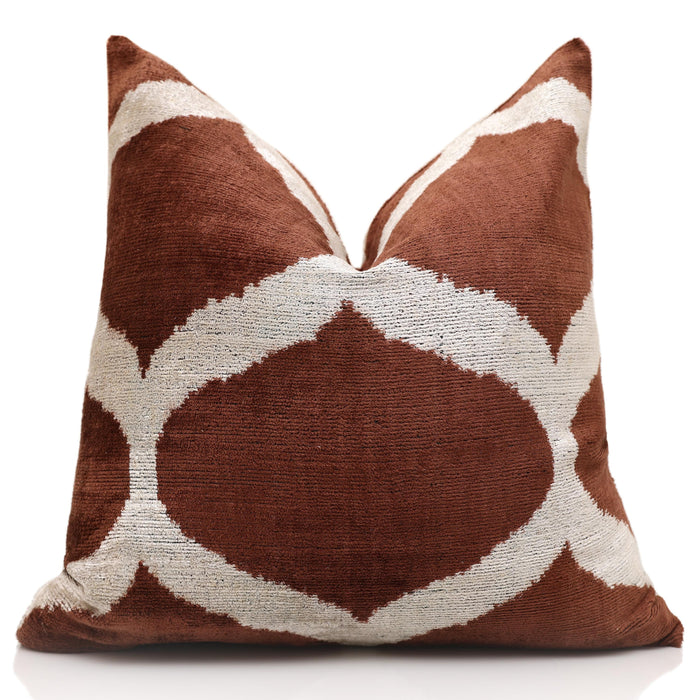 Brown Geometric Silk Velvet Throw Pillow - 20 × 20 in. — texture and pillow detail