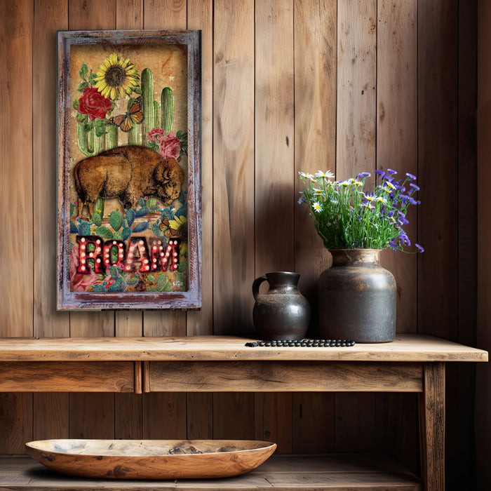 Buffalo and Cactus "Roam"- 14.5" x 30" Medium Rectangle Artwork