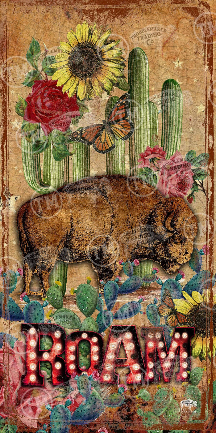Buffalo and Cactus "Roam"- 14.5" x 30" Medium Rectangle Artwork