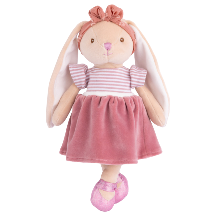 Plush toy rabbit in a pink dress with a white background