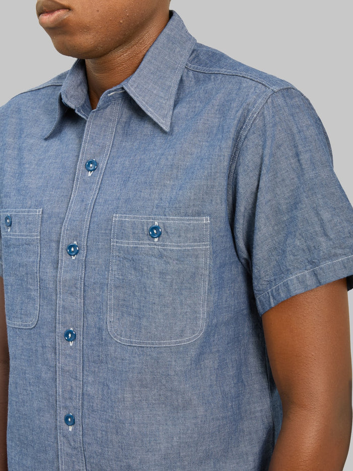 Buzz Rickson's BR35856 Chambray Short Sleeve Work Shirt Blue