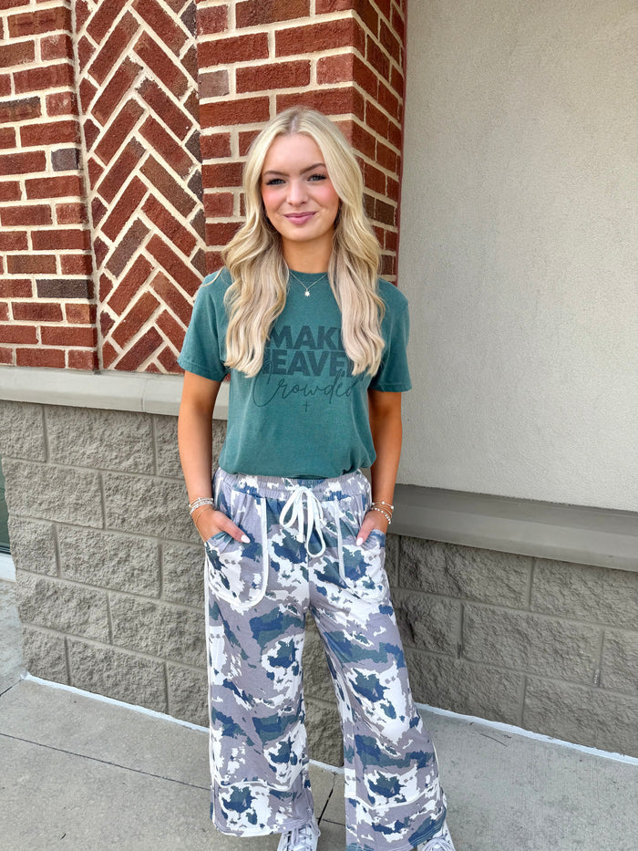 Camouflage Print Contrast Lace-up Raw Edge Pocketed Loose Pants