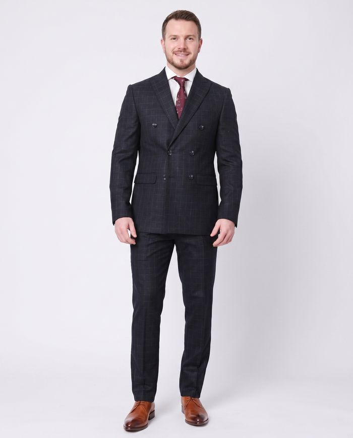 Carducci Mens Double Breasted Navy Windowpane 100% Wool Flannel Slim Fit Suit - The Suit Depot