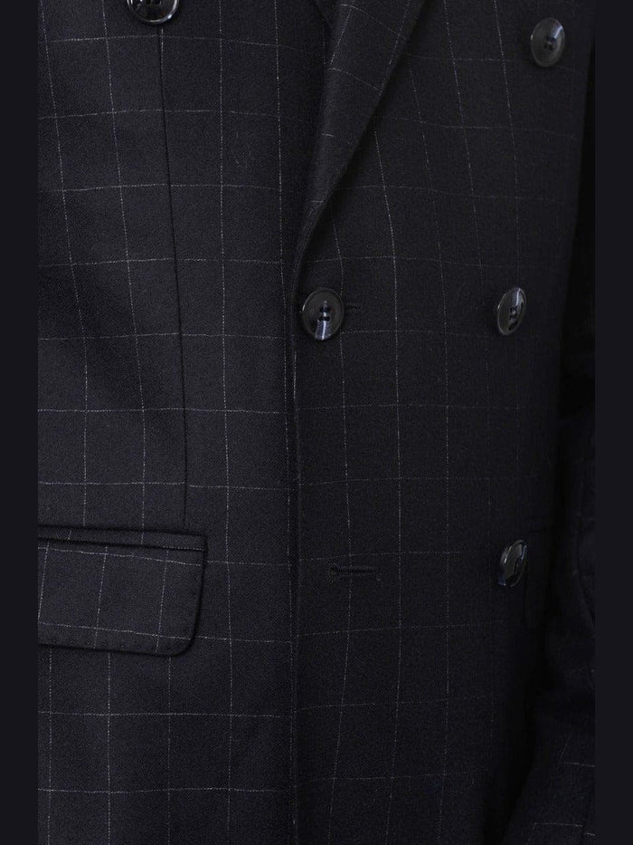 Carducci TWO PIECE SUITS Carducci Mens Double Breasted Navy Windowpane 100% Wool Flannel Slim Fit Suit