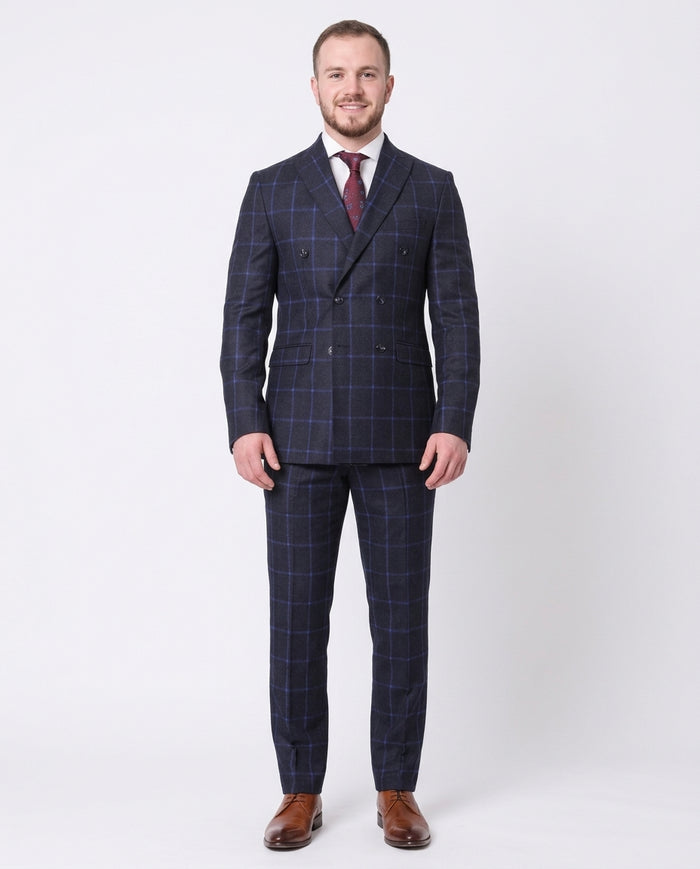 Carducci Mens Navy Blue Windowpane 100% Wool Flannel Slim Fit Suit