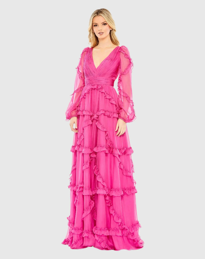 Pink Cascade Ruffle Puff Sleeve A Line Gown - Mac Duggal