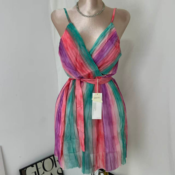 Casual V-Neck Chiffon Dress With Waist Ties