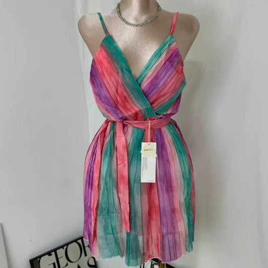 Casual V-Neck Chiffon Dress With Waist Ties