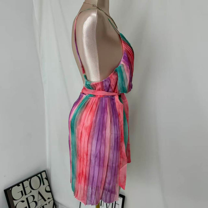 Casual V-Neck Chiffon Dress With Waist Ties