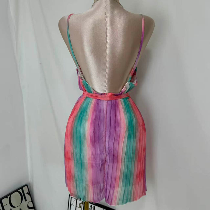 Casual V-Neck Chiffon Dress With Waist Ties