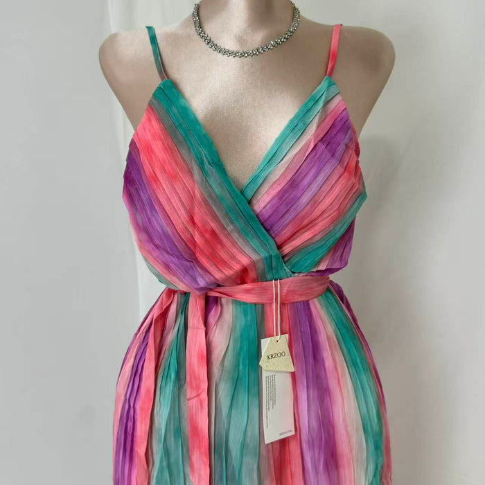 Casual V-Neck Chiffon Dress With Waist Ties