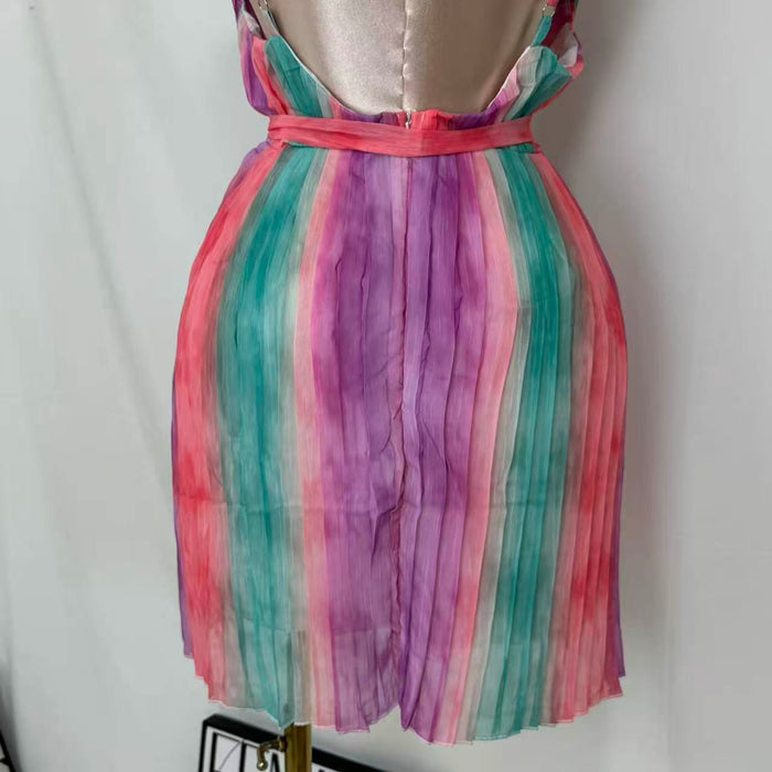 Casual V-Neck Chiffon Dress With Waist Ties
