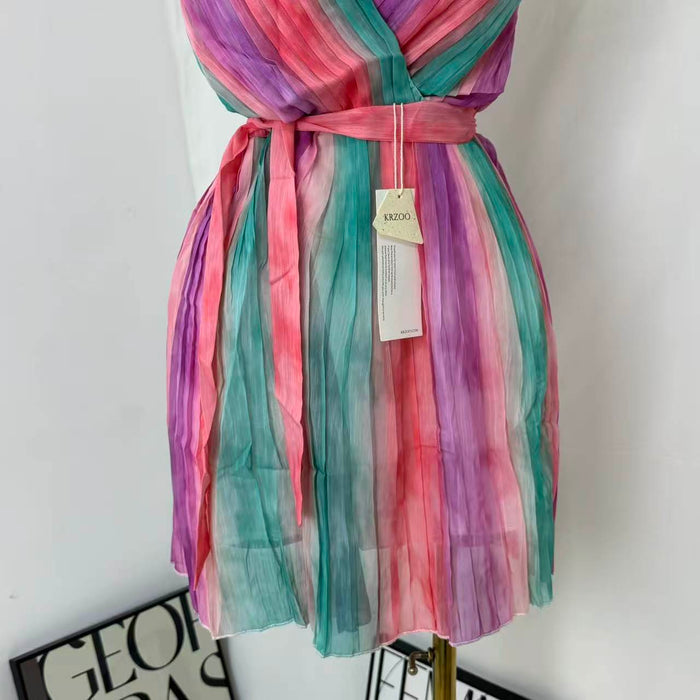 Casual V-Neck Chiffon Dress With Waist Ties