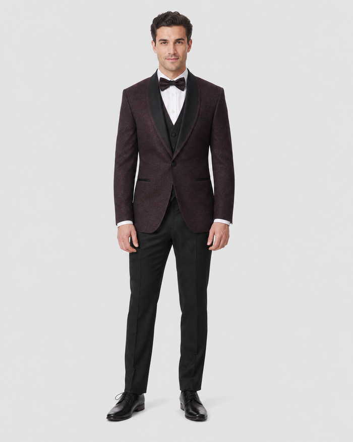 Cemden Mens Slim Fit Red & Black Shimmer 1-button 3 Piece Tuxedo Suit - The Suit Depot