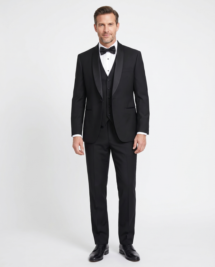Cemden Mens Slim Fit Solid Black 1 Button 3 Piece Tuxedo Suit With Shawl Lapels - The Suit Depot