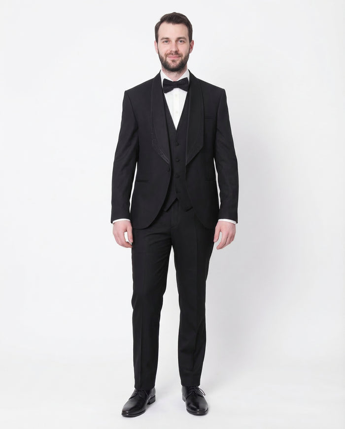 Cemden Mens Slim Fit Solid Black 1-button 3-piece Tuxedo Suit With Shimmer Lapel - The Suit Depot