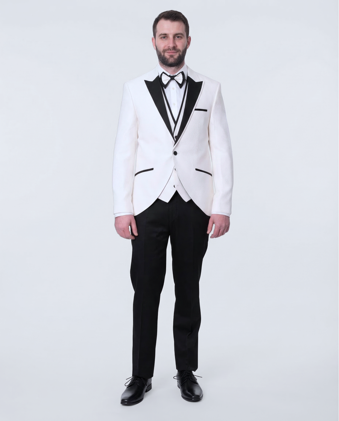 Cemden Mens Slim Fit Solid White 1-button 3 Piece Tuxedo Suit With Peak Lapels