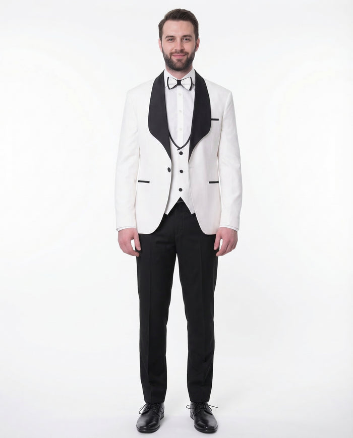 Cemden Mens Slim Fit Solid White 1-button 3 Piece Tuxedo Suit With Shawl Lapels