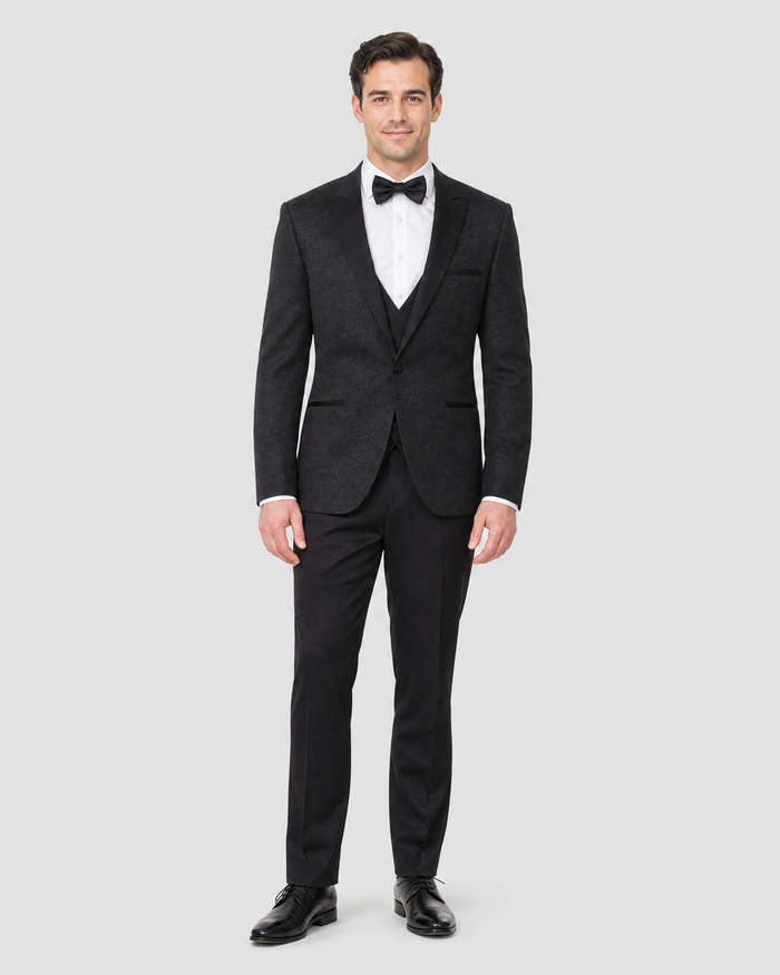 Cemden Mens Solid Black Slim Fit One Button Three Piece Tuxedo Suit - The Suit Depot