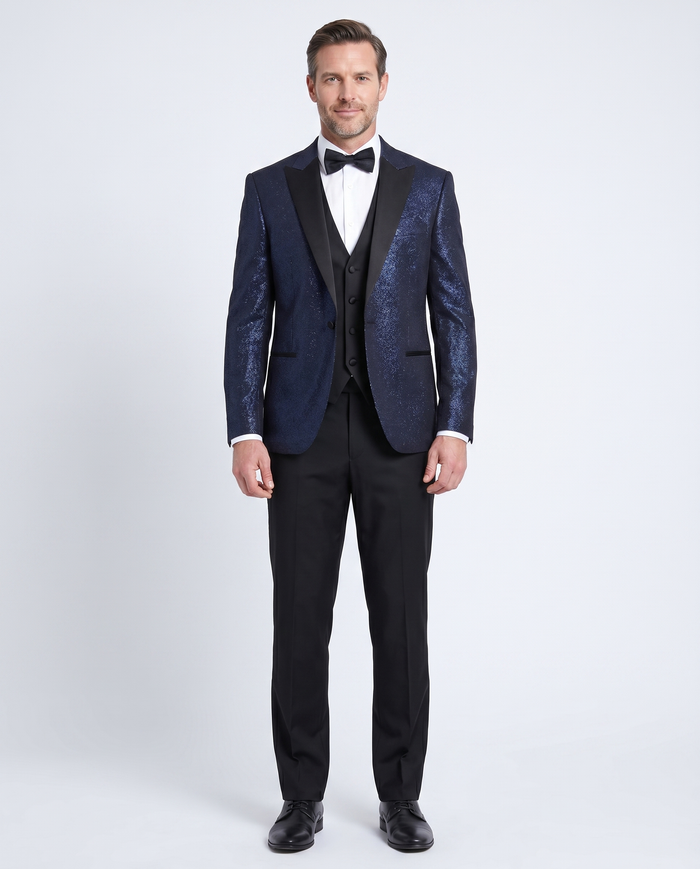 Cemden Mens Solid Blue Shimmer 3 Piece One Button Tuxedo Suit