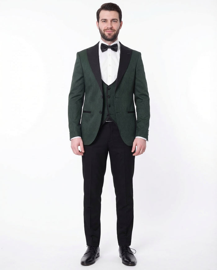 Cengizhan Baybars Mens Slim Fit Emerald Green 3-piece Tuxedo Suit Peak Lapels