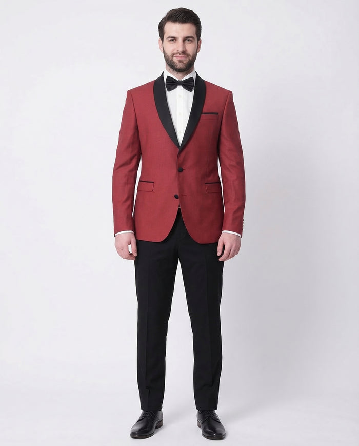 Cengizhan Baybars Men's Solid Red Slim Fit Tuxedo Suit With Black Shawl Lapels