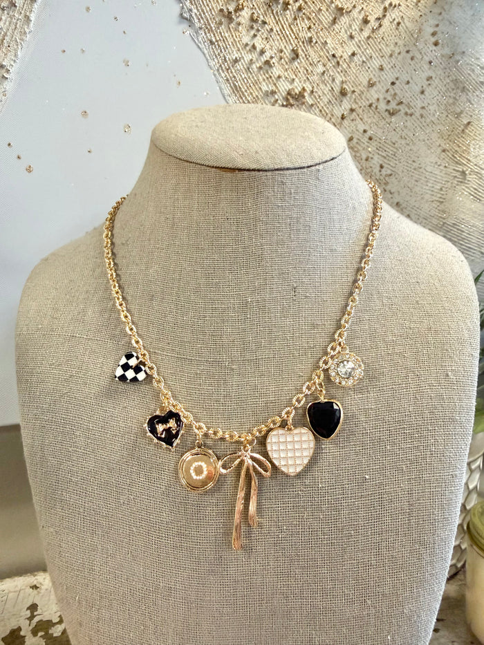 Checker Heart Bow Rhinestone Charm Necklace