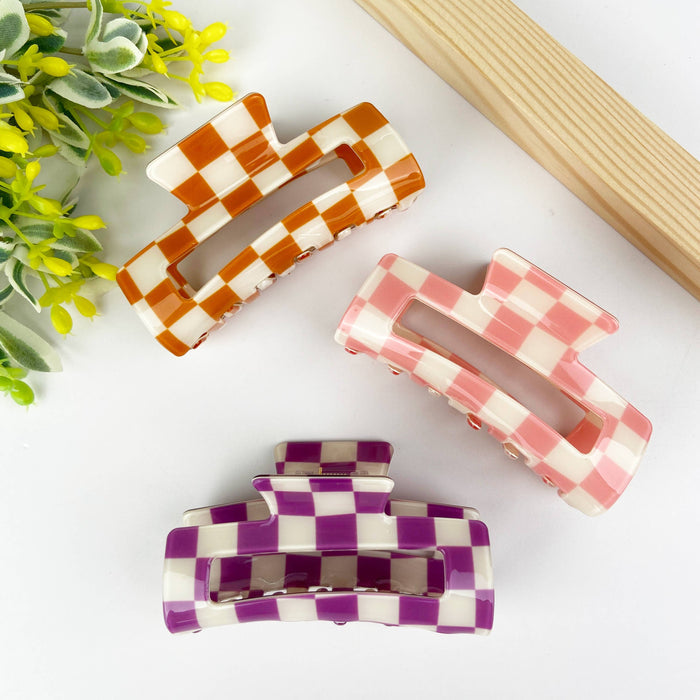 Checkerboard retro hair claw clip: Orange white