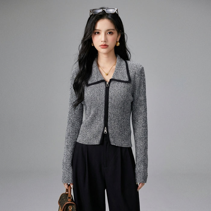 Cardigan femme bicolore noir et gris, maille zippée K-fashion - Taille S