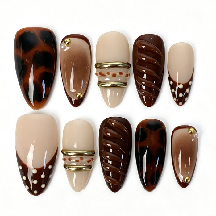 Handmade almond press on nails, nude beige tortoiseshell marbling chocolate French tip gold band retro false nails for women