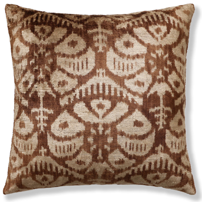Cognac and Cream Traditional Ikat Silk-Blend Velvet Throw Pillow - 20 × 20 in. — overall patterned front