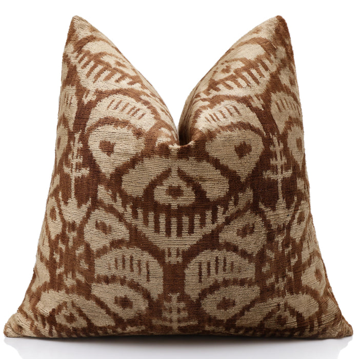 Cognac and Cream Traditional Ikat Silk-Blend Velvet Throw Pillow - 20 × 20 in. — texture and pillow detail