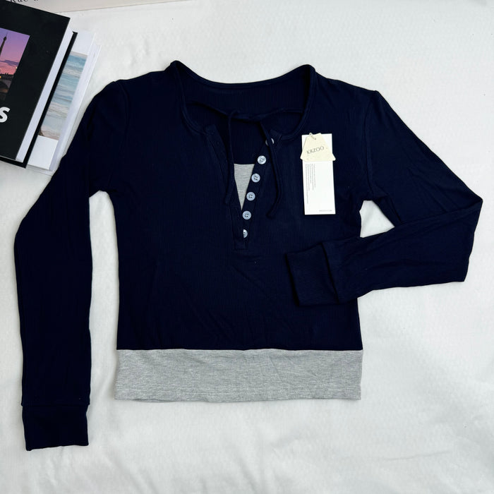 Color-Blocked Faux Two-Piece Long-Sleeved Top