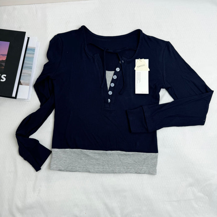 Color-Blocked Faux Two-Piece Long-Sleeved Top