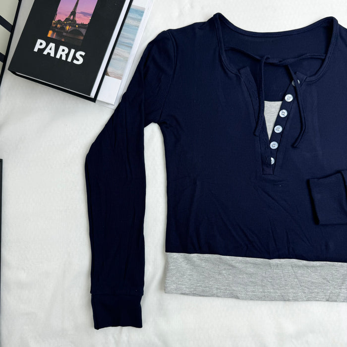 Color-Blocked Faux Two-Piece Long-Sleeved Top